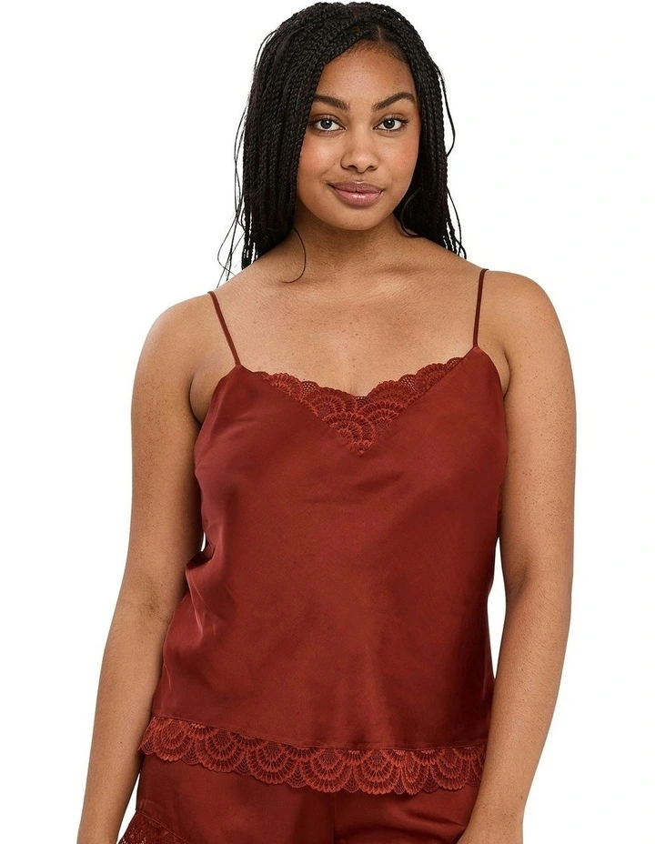 Charming Silky Satin Camisole With Lace in Red image 1