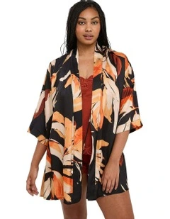 Pure Chic Floral Print Short Viscose Satin Robe in Black
