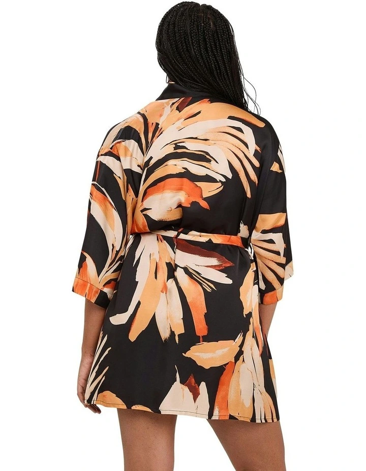 Pure Chic Floral Print Short Viscose Satin Robe in Black image 2