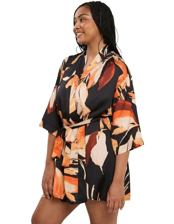 Pure Chic Floral Print Short Viscose Satin Robe in Black image 3