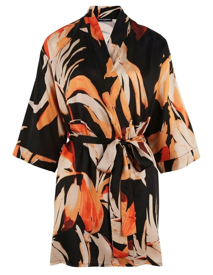 Pure Chic Floral Print Short Viscose Satin Robe in Black image 5