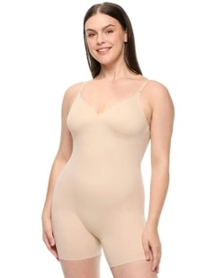 Dress Rehearsal Mid-Thigh Low Back Shapewear Bodysuit in Warm Beige