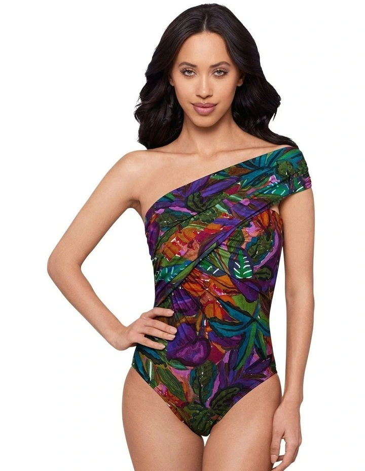 Cactus Flower Goddess One Shoulder Tummy Control Swimsuit in Multi image 1