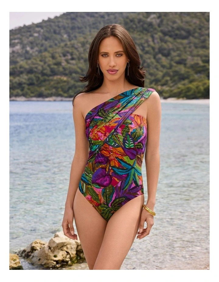 Cactus Flower Goddess One Shoulder Tummy Control Swimsuit in Multi image 3
