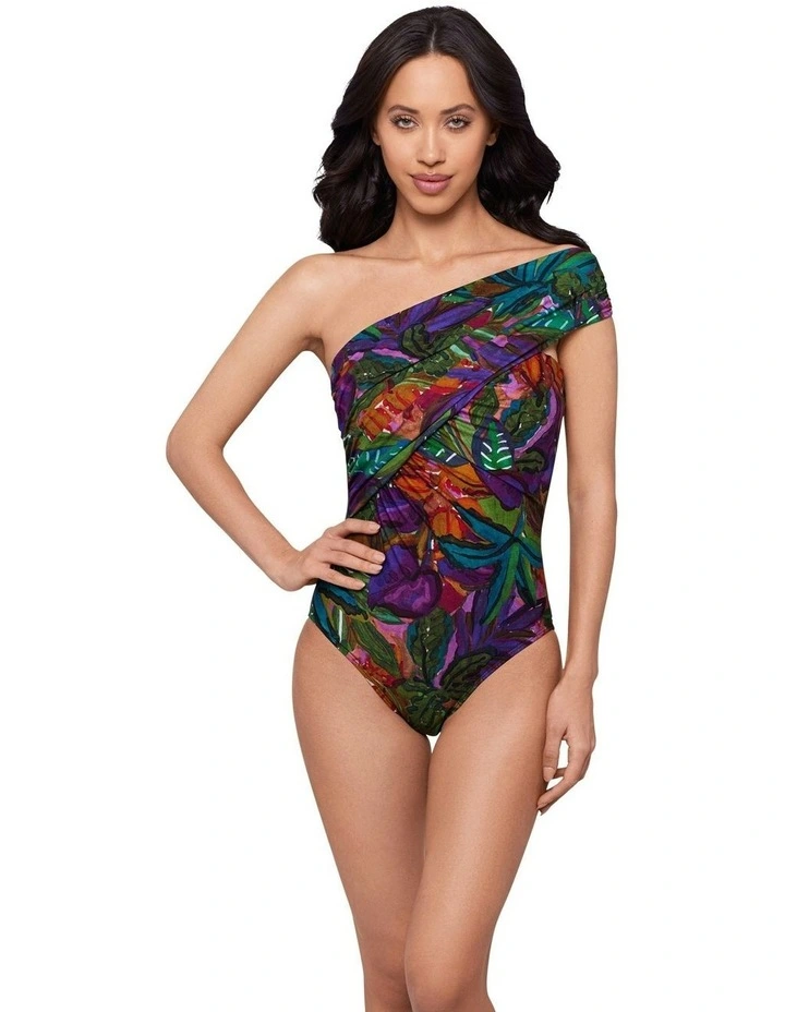 Cactus Flower Goddess One Shoulder Tummy Control Swimsuit in Multi image 6