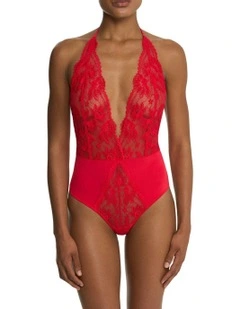Fleur Thong Cut Halter Lace Lingerie Bodysuit in Bonfire