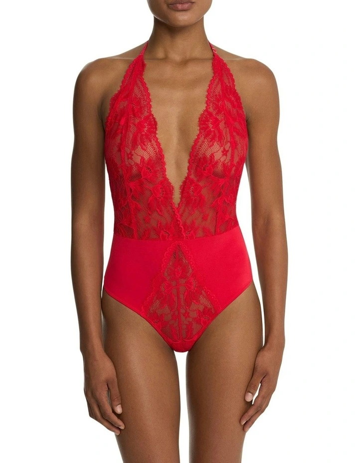 Fleur Thong Cut Halter Lace Lingerie Bodysuit in Bonfire image 1