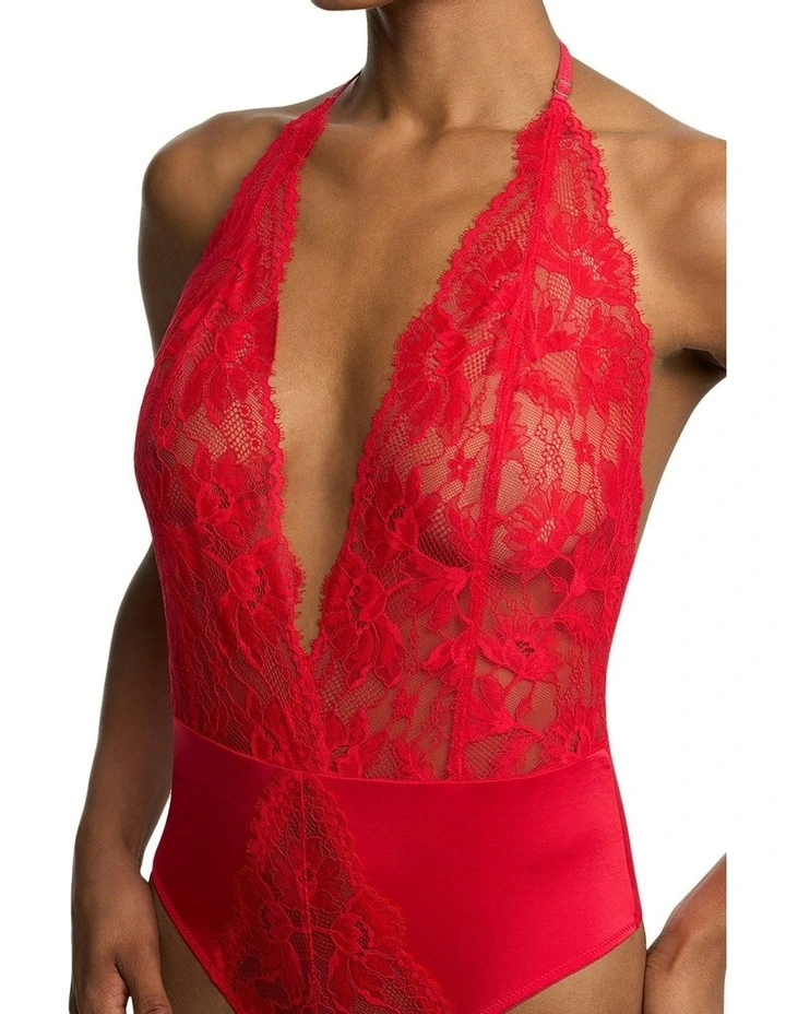 Fleur Thong Cut Halter Lace Lingerie Bodysuit in Bonfire image 4
