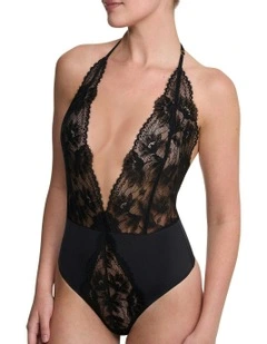 Fleur Thong Cut Halter Lace Lingerie Bodysuit in Black