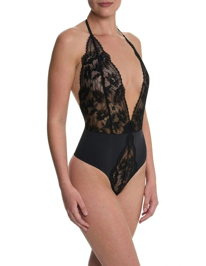 Fleur Thong Cut Halter Lace Lingerie Bodysuit in Black image 3