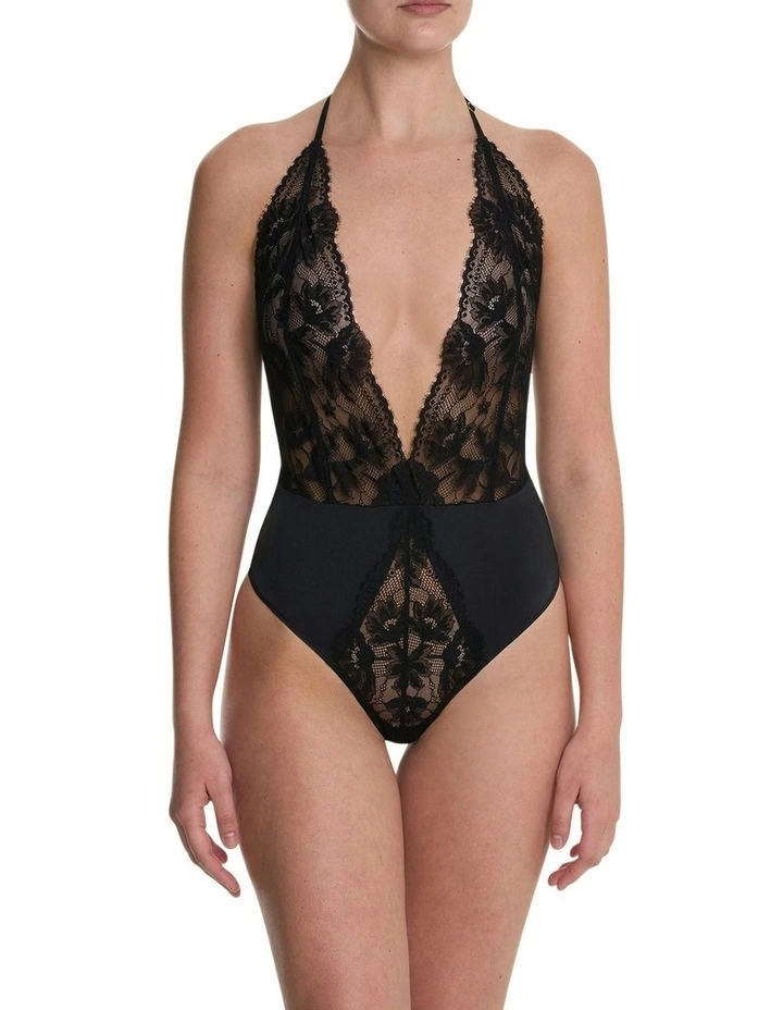 Fleur Thong Cut Halter Lace Lingerie Bodysuit in Black image 4