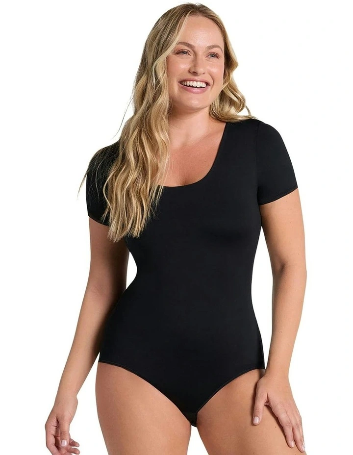 Essential Boldly Short Sleeve Shaping Tummy Control Bodysuit in Black image 3
