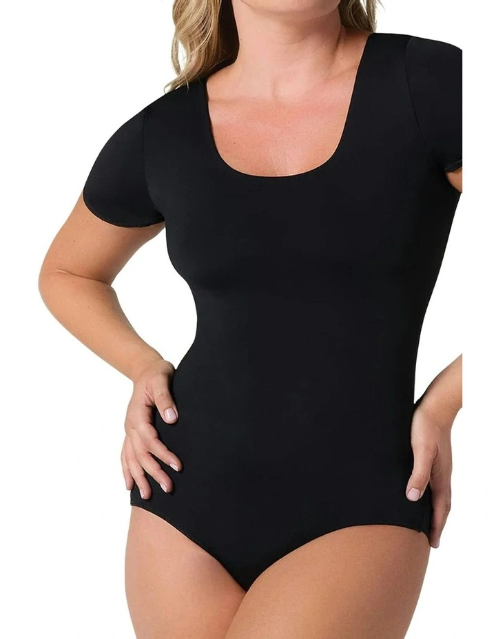 Essential Boldly Short Sleeve Shaping Tummy Control Bodysuit in Black image 4