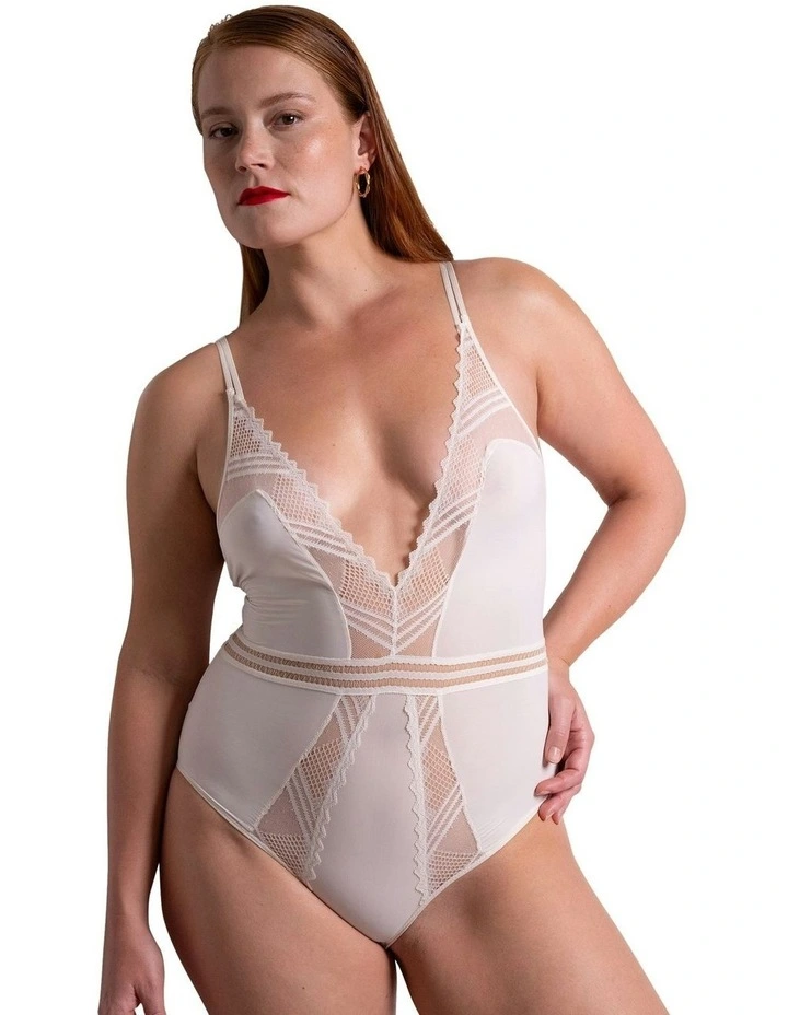 Rodeo Plunge Opaque & Lace Lingerie Bodysuit in Talc image 2