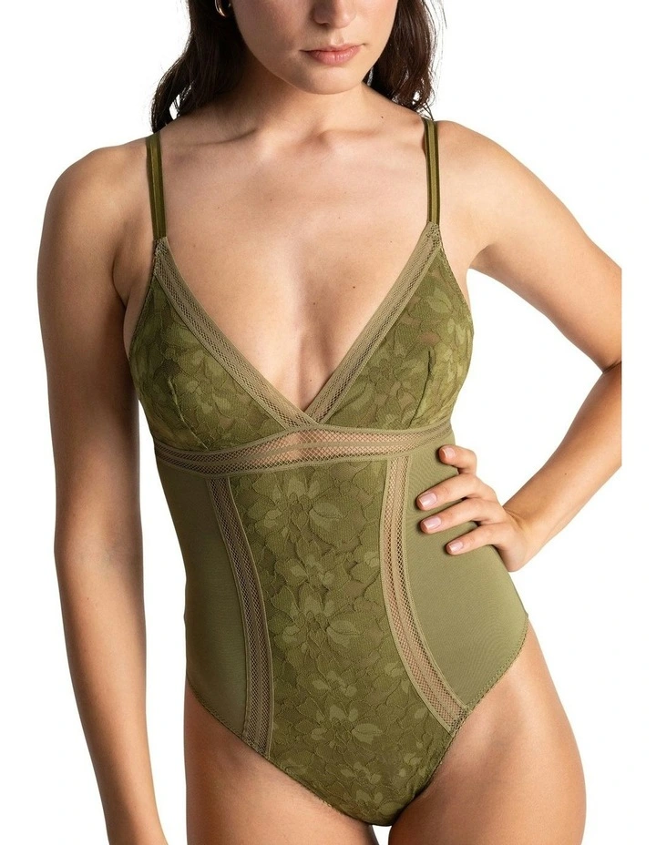 Gardenia Wirefree Lingerie Bodysuit With Lace in Olive image 1