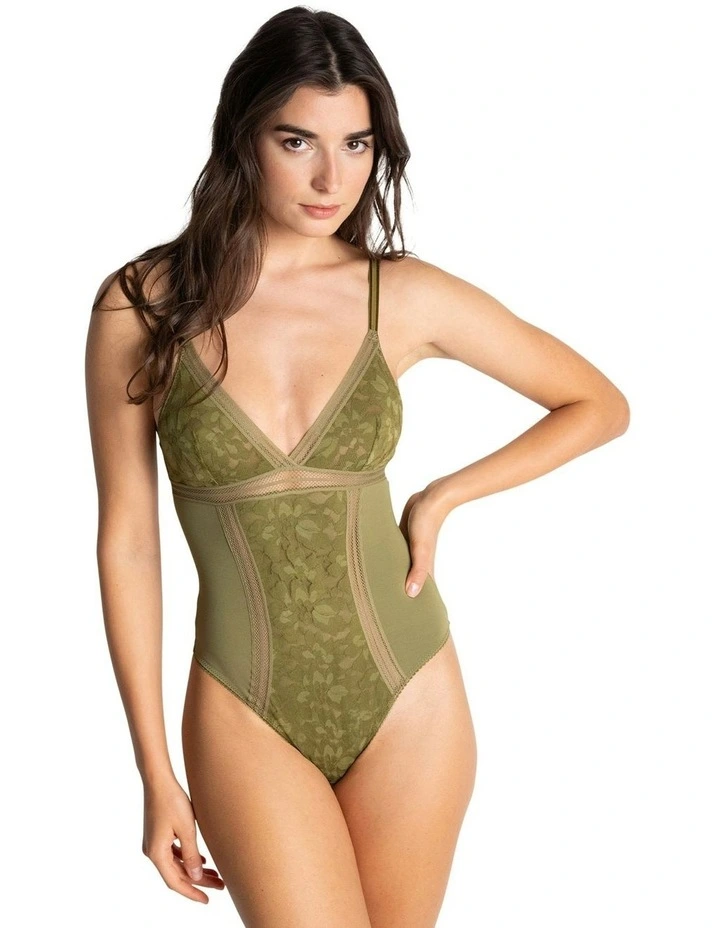 Gardenia Wirefree Lingerie Bodysuit With Lace in Olive image 3