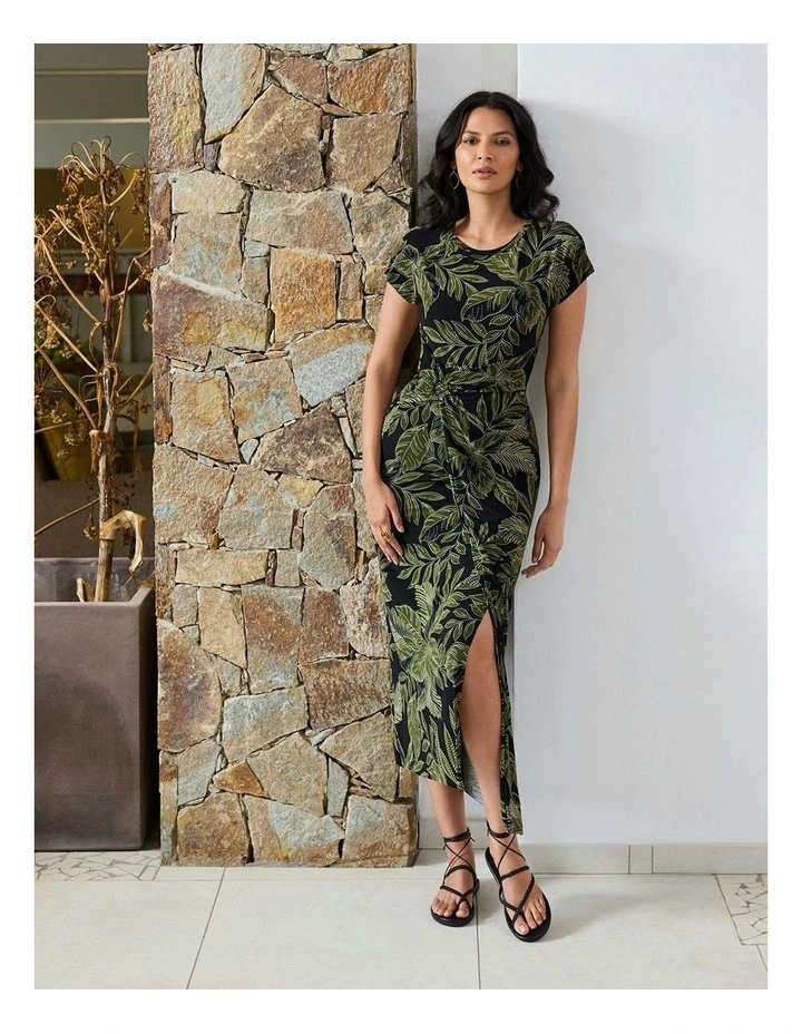 Olive Branch Loki Cinched Wrap Waist Midi Shaping Dress in Black image 3