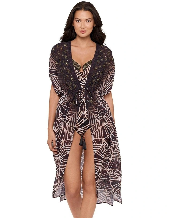 Let's Be Fronds Sheer Beach Cover Up Kimono in Black Multi image 1