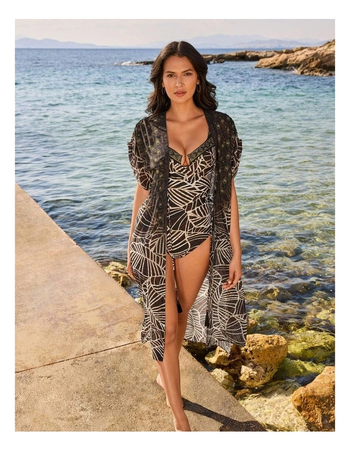 Let's Be Fronds Sheer Beach Cover Up Kimono in Black Multi image 3