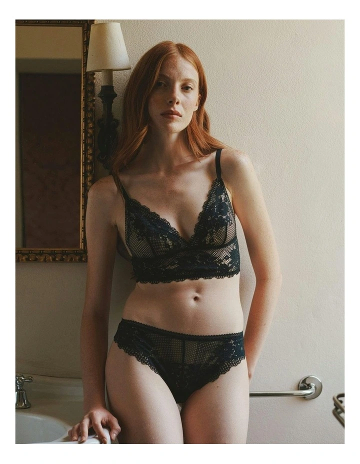 Nina Unpadded Triangle Cup Longline Lace Bralette in Black image 3