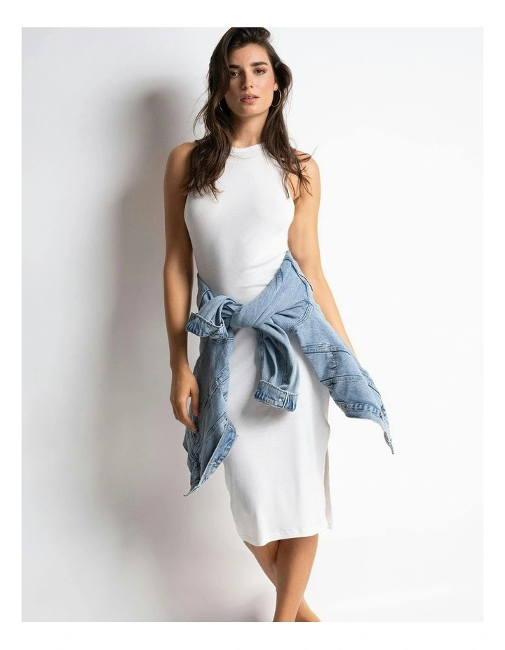 Kate Ribbed Cotton And Modal Midi Lounge Dress in Pearl image 3