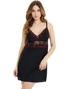 Mlodie Short Lace Trim Chemise Nightdress in Black/Red