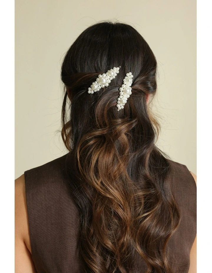 Avah Beaded Pearl Hair Clip Set in Pearl image 3