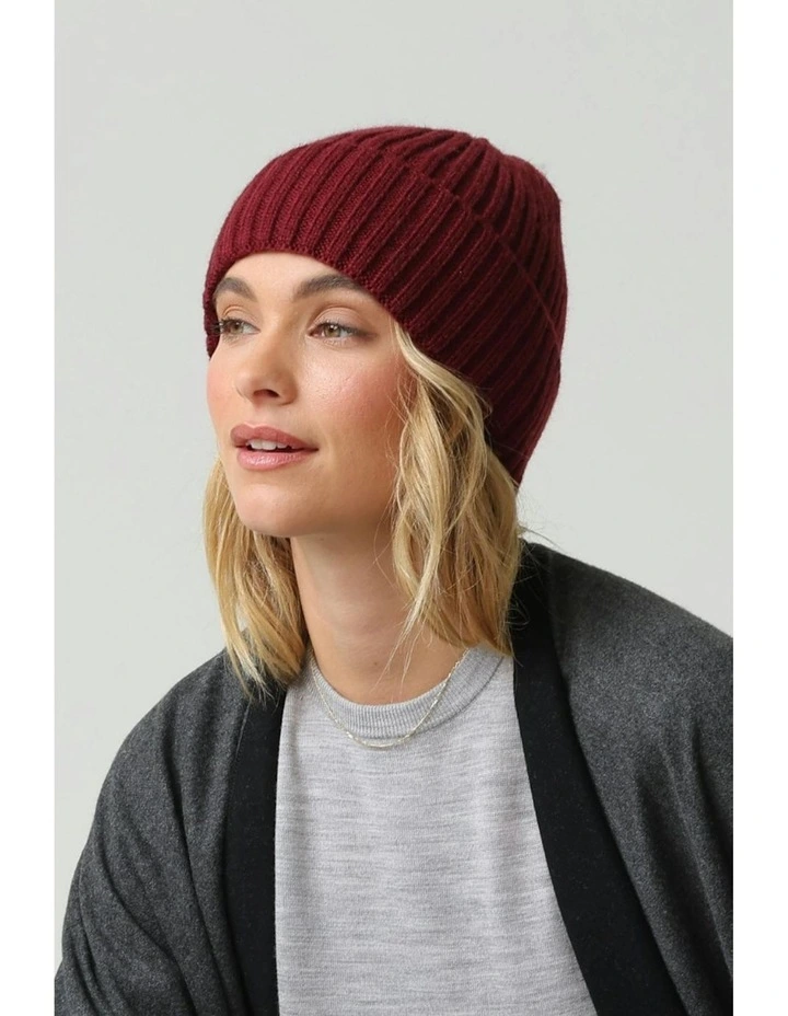 Mia Wool-Blend Beanie in Burgundy Red image 2