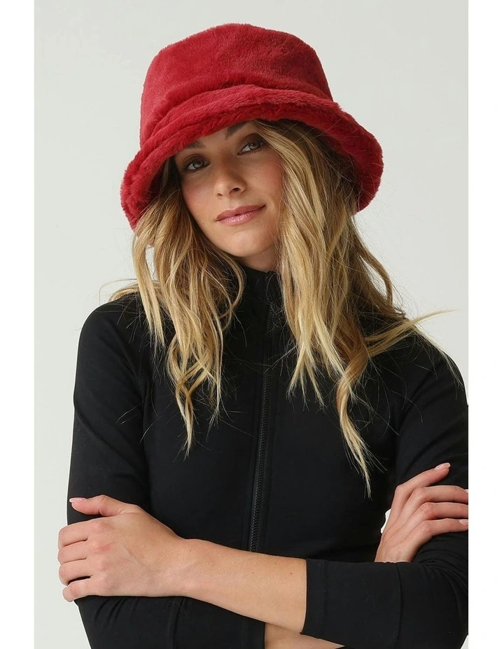 Carla Faux Fur Bucket Hat in Burgundy Red image 2