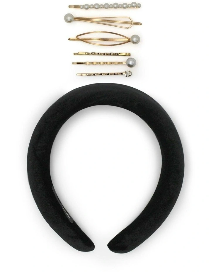 Evening Essentials Velvet Headband & Hair Pins Gift Pack in Black image 1
