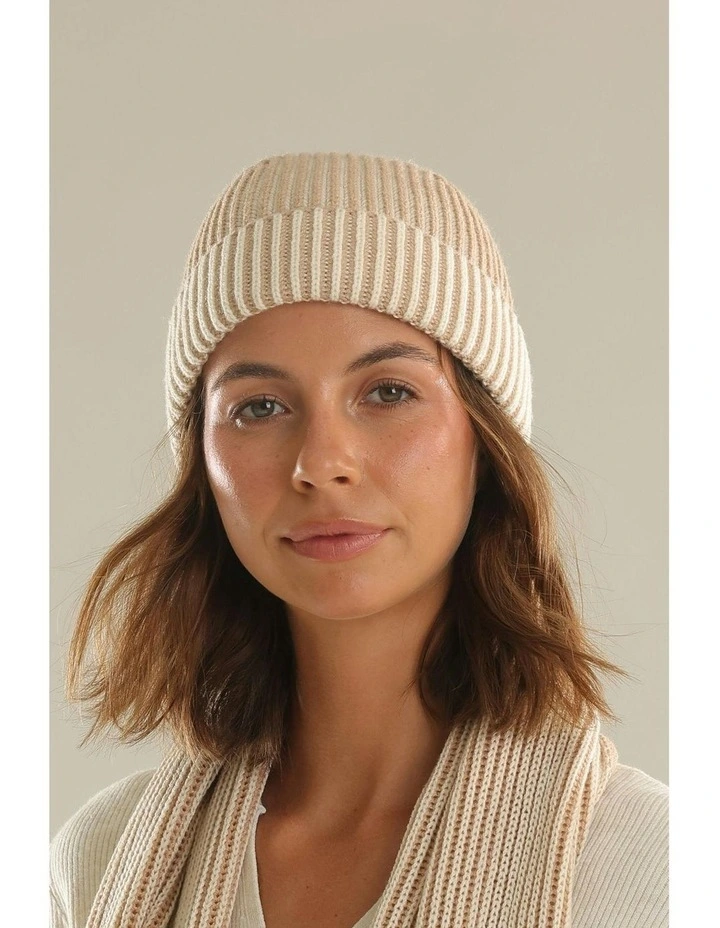 Sarina Ribbed Knit Beanie in Beige image 2