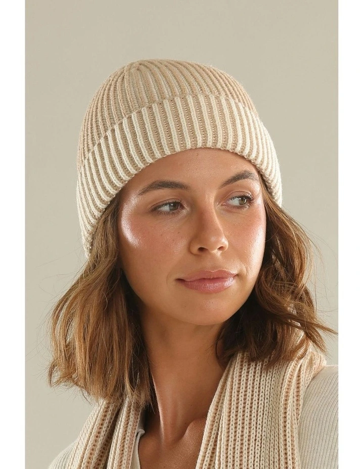 Sarina Ribbed Knit Beanie in Beige image 4