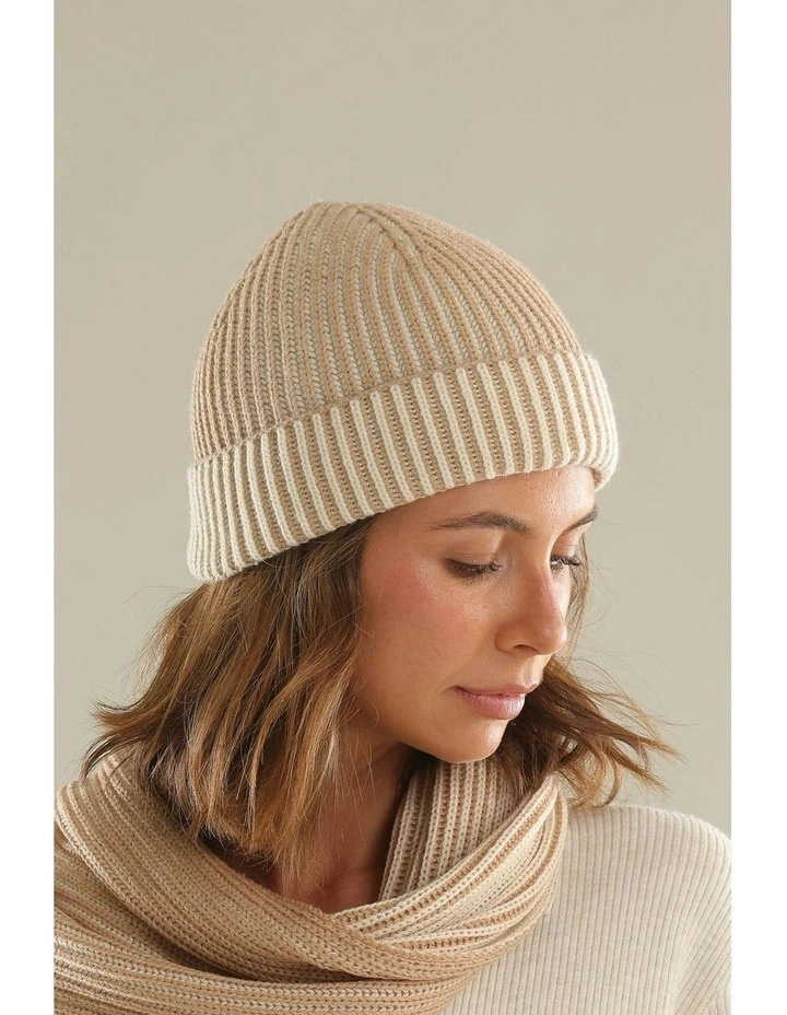 Sarina Ribbed Knit Beanie in Beige image 6