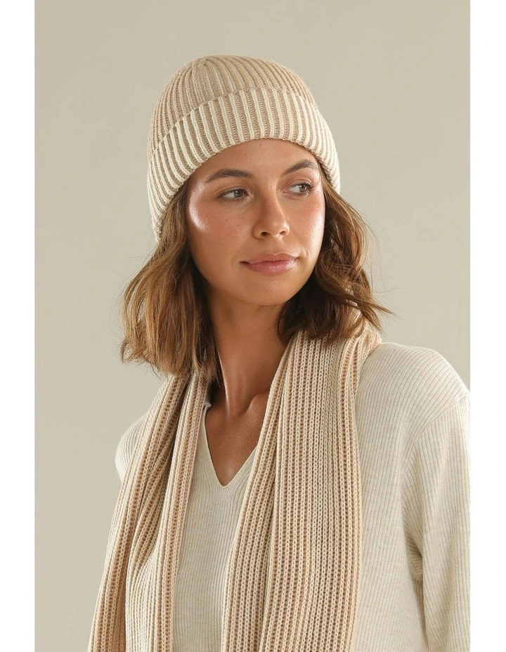 Sarina Ribbed Knit Beanie in Beige image 7