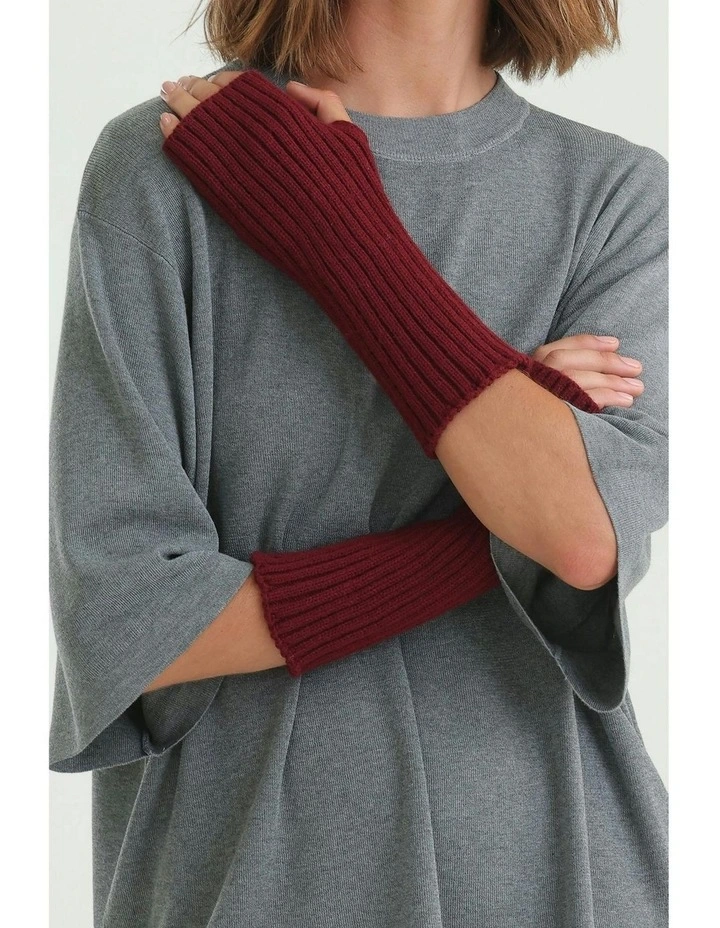 Asha Rib Knit Fingerless Gloves in Burgundy Red image 4