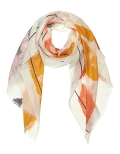100% Australian Wool Print Scarf in Orange/Grey