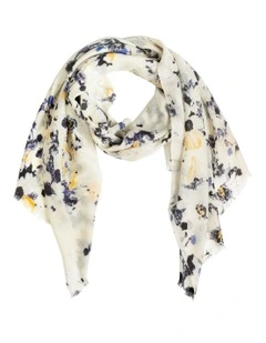 100% Australian Wool Print Scarf in Sand Black/Blue Flora