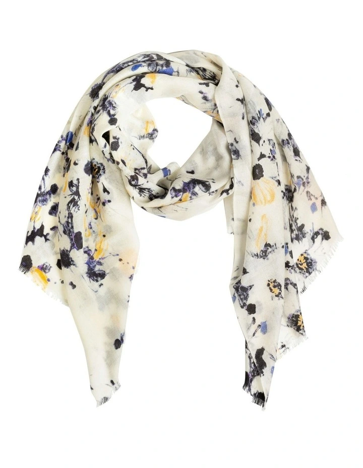 100% Australian Wool Print Scarf in Sand Black/Blue Flora image 1