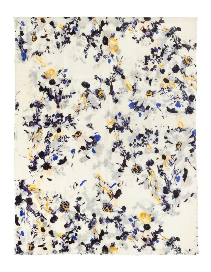 100% Australian Wool Print Scarf in Sand Black/Blue Flora image 2