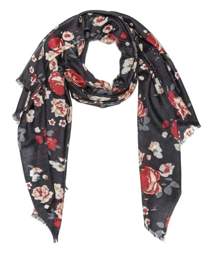 100% Australian Wool Print Scarf in Black Floral image 1