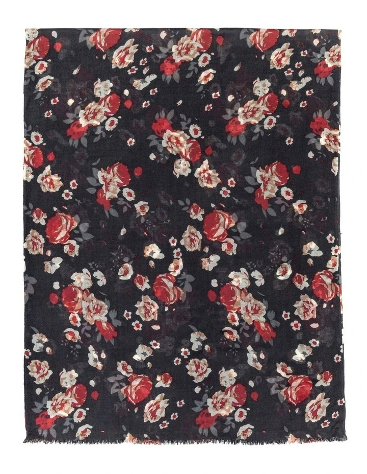 100% Australian Wool Print Scarf in Black Floral image 2