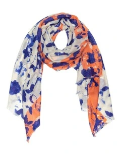 100% Australian Wool Print Scarf in White Blue and Orange