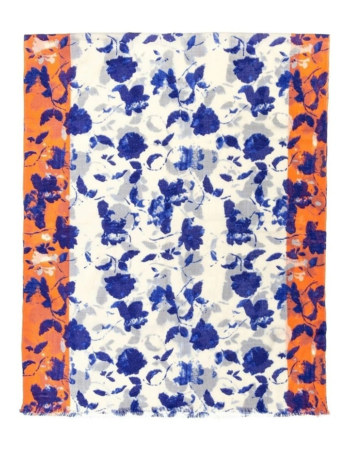 100% Australian Wool Print Scarf in White Blue and Orange image 2