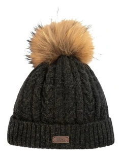 Cable Knit Pure Cashmere Beanie With Detachable Pom Pom (Raccgreoon) in Charcoal Grey (Melange)