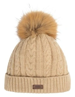Cable Knit Pure Cashmere Beanie With Detachable Pom Pom (Raccoon) in Natural Beige (Melange)