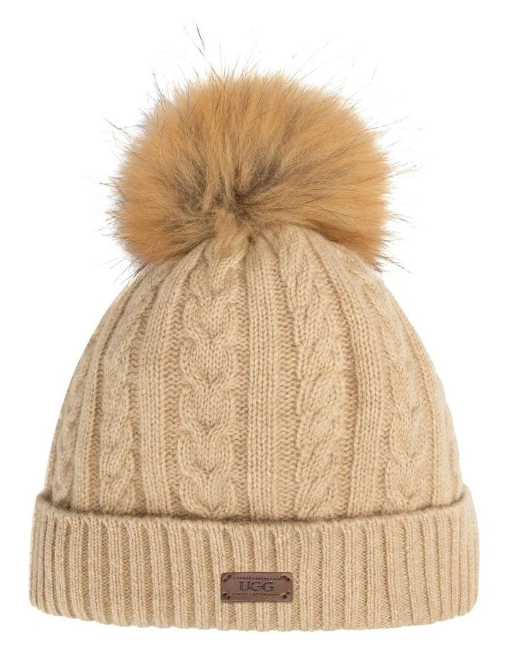Cable Knit Pure Cashmere Beanie With Detachable Pom Pom (Raccoon) in Natural Beige (Melange) image 1