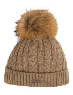 Cable Knit Pure Cashmere Beanie With Detachable Pom Pom (Raccoon) in Natural Brown (Melange)