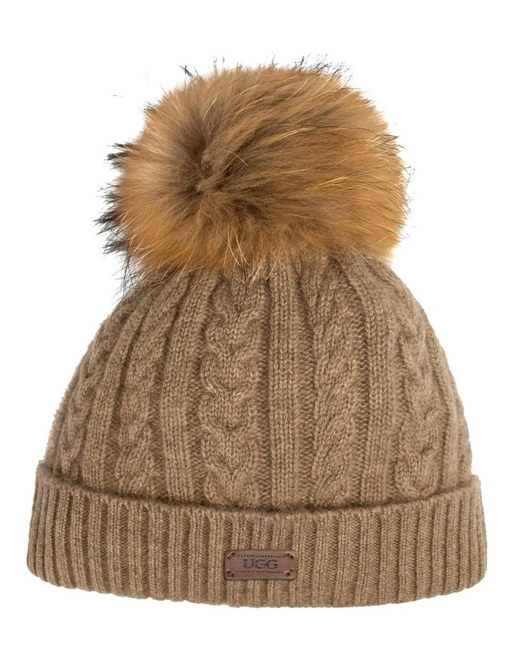 Cable Knit Pure Cashmere Beanie With Detachable Pom Pom (Raccoon) in Natural Brown (Melange) image 1