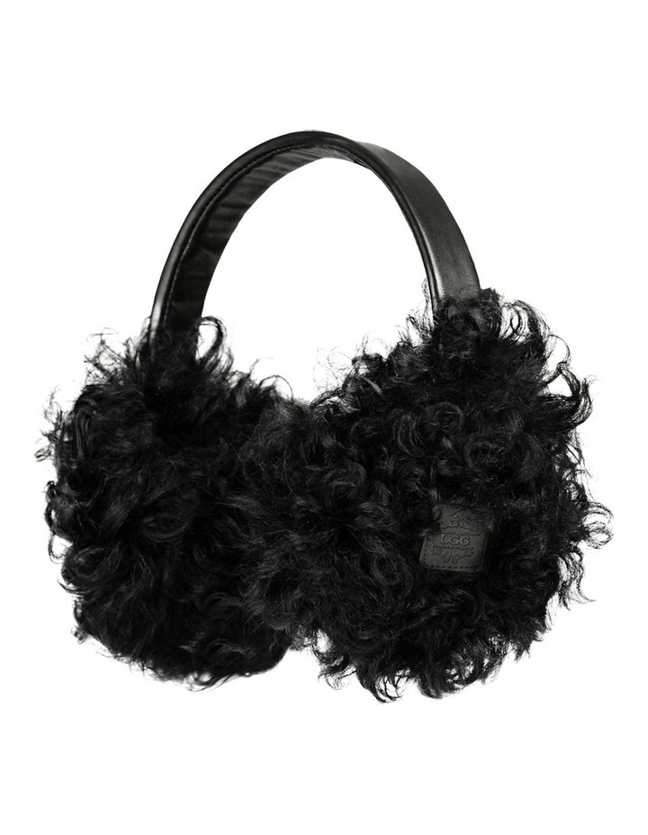 Long Curly Fluffy Sheepskin Earmuff in Black image 1