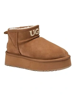 Classic Platform Knit Logo Ultra Mini Boots 4cm in Chestnut